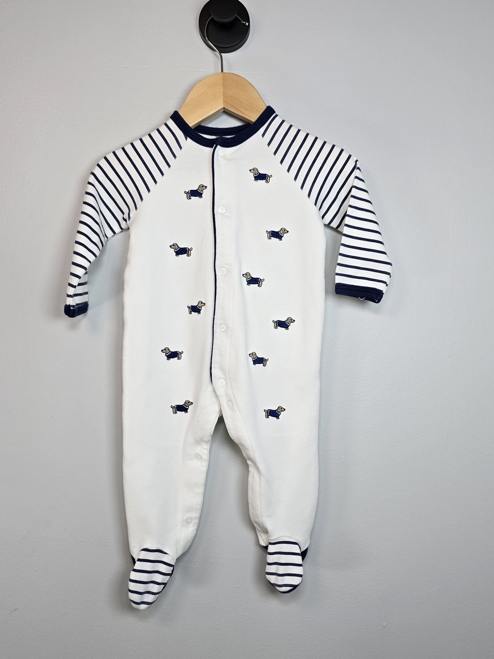 Little Me Navy & White Puppy Stripe Footed One-Piece Dachshund.